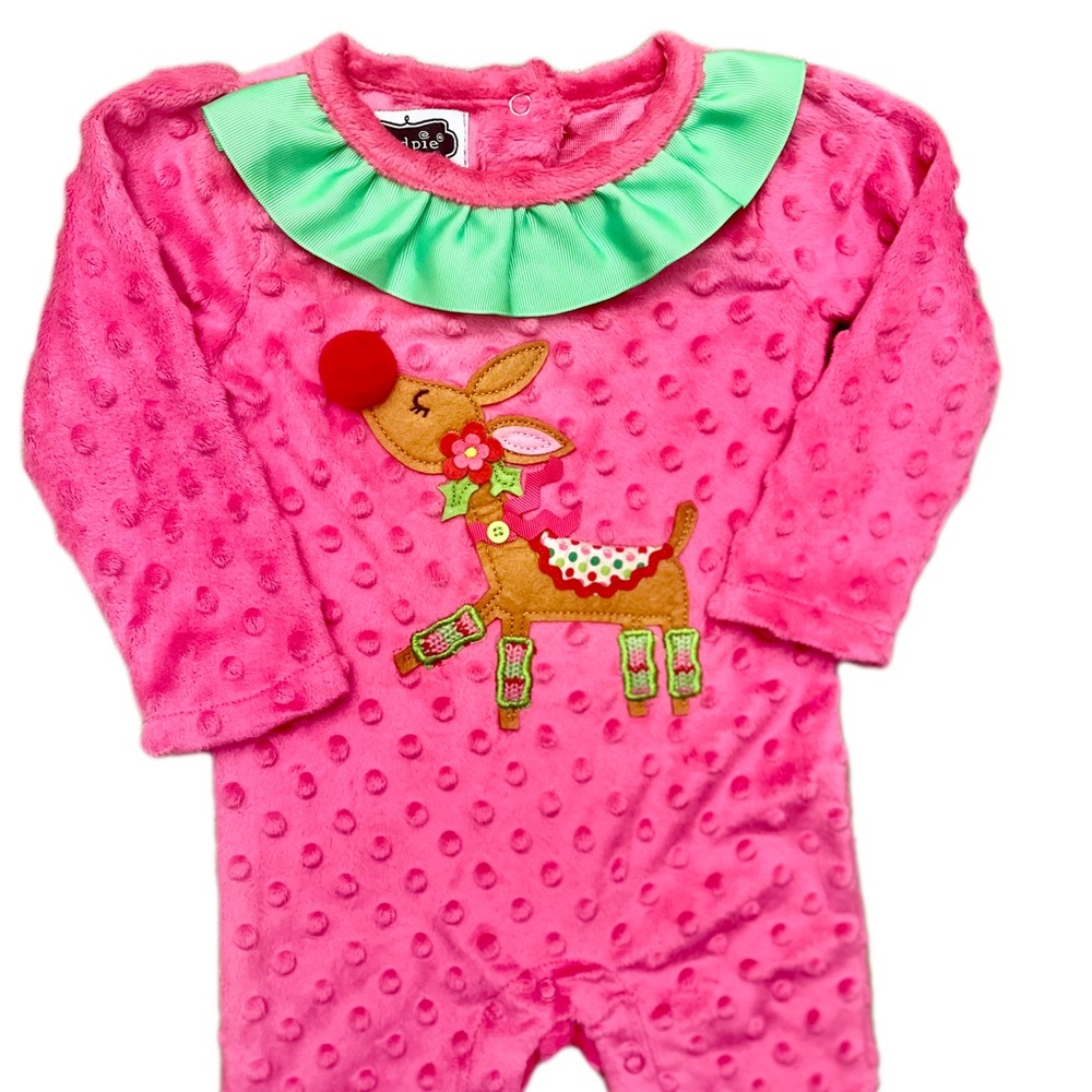 Mud Pie EUC Girls Pink Minky Dot Reindeer One Piece Size 9-12m - Picture 4 of 8